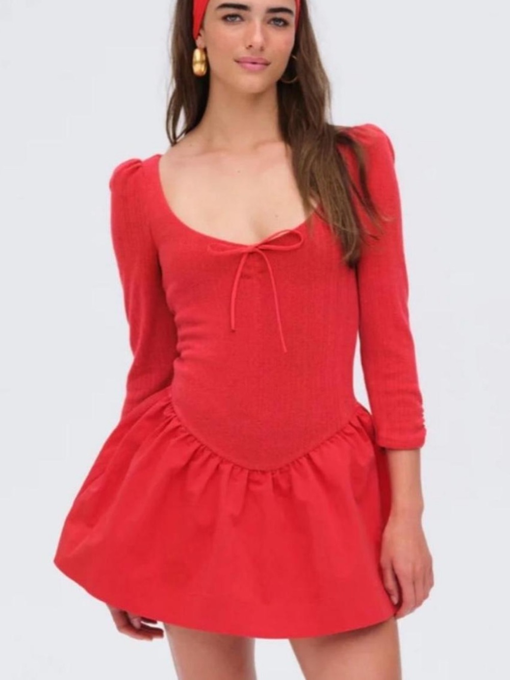 For Love And Lemons Red Scoop-Neck Mini Dress with Puff Shoulders